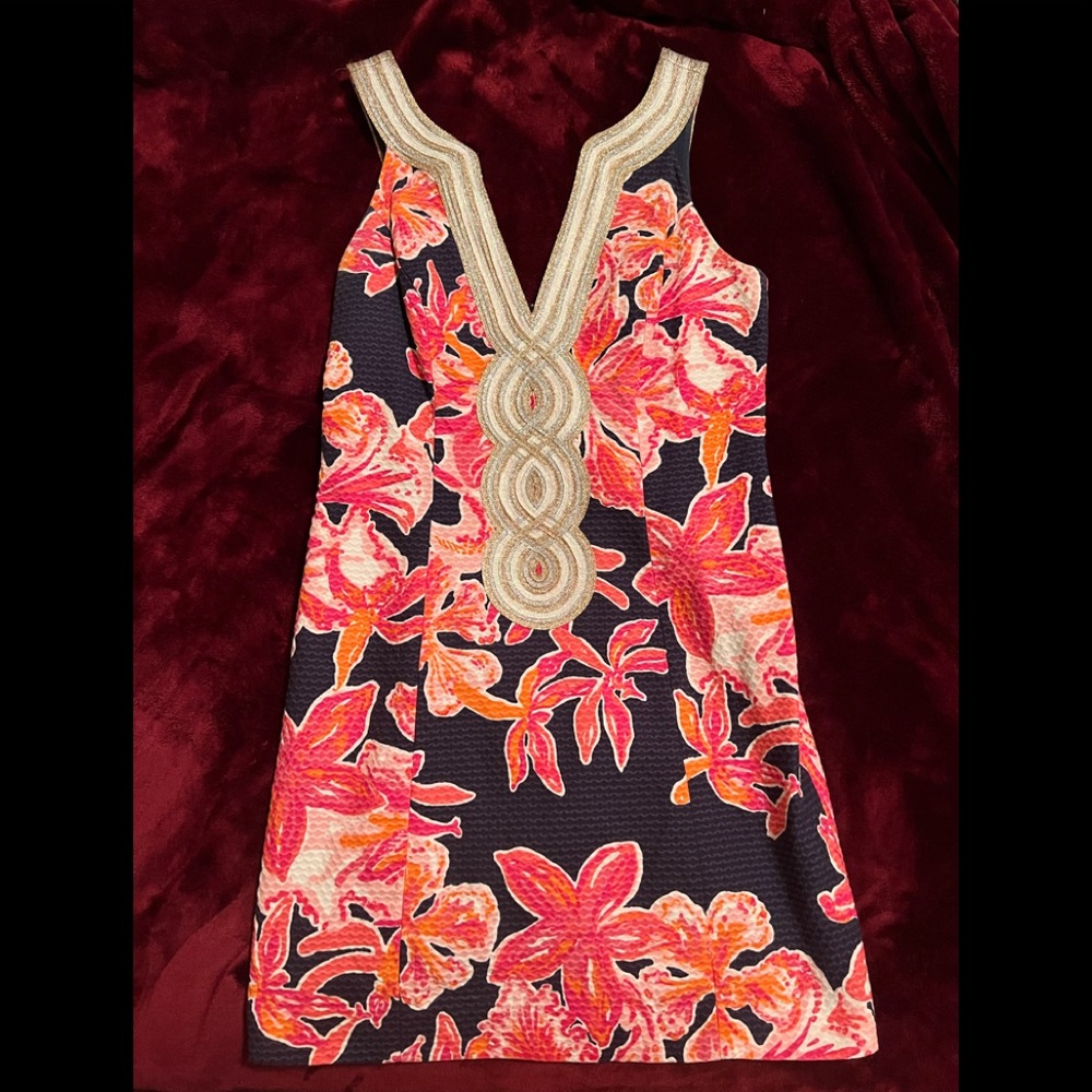 Lilly Pulitzer Navy, Coral, Gold Dress Worn once! Size 2